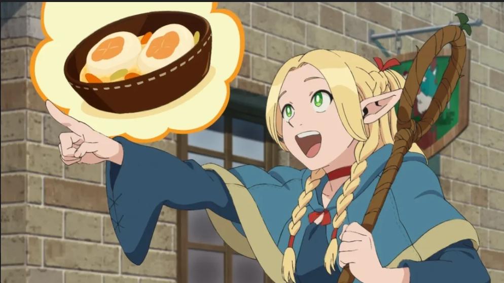 Personagem de anime, uma elfa de cabelos loiros longos, expressão contente, olhos verdes e dedo apontado em uma direção.