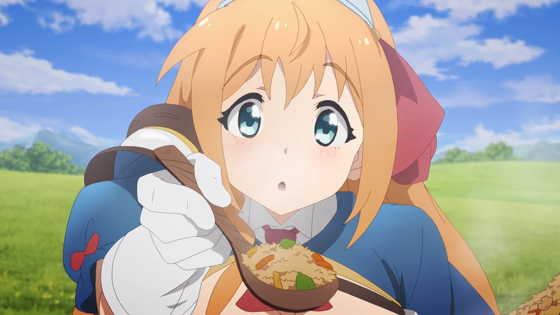Personagem de anime, uma mulher de cabelos longos castanhos, olhos verdes e uma expressão inocente enquanto oferece uma colher com um pouco de comida.