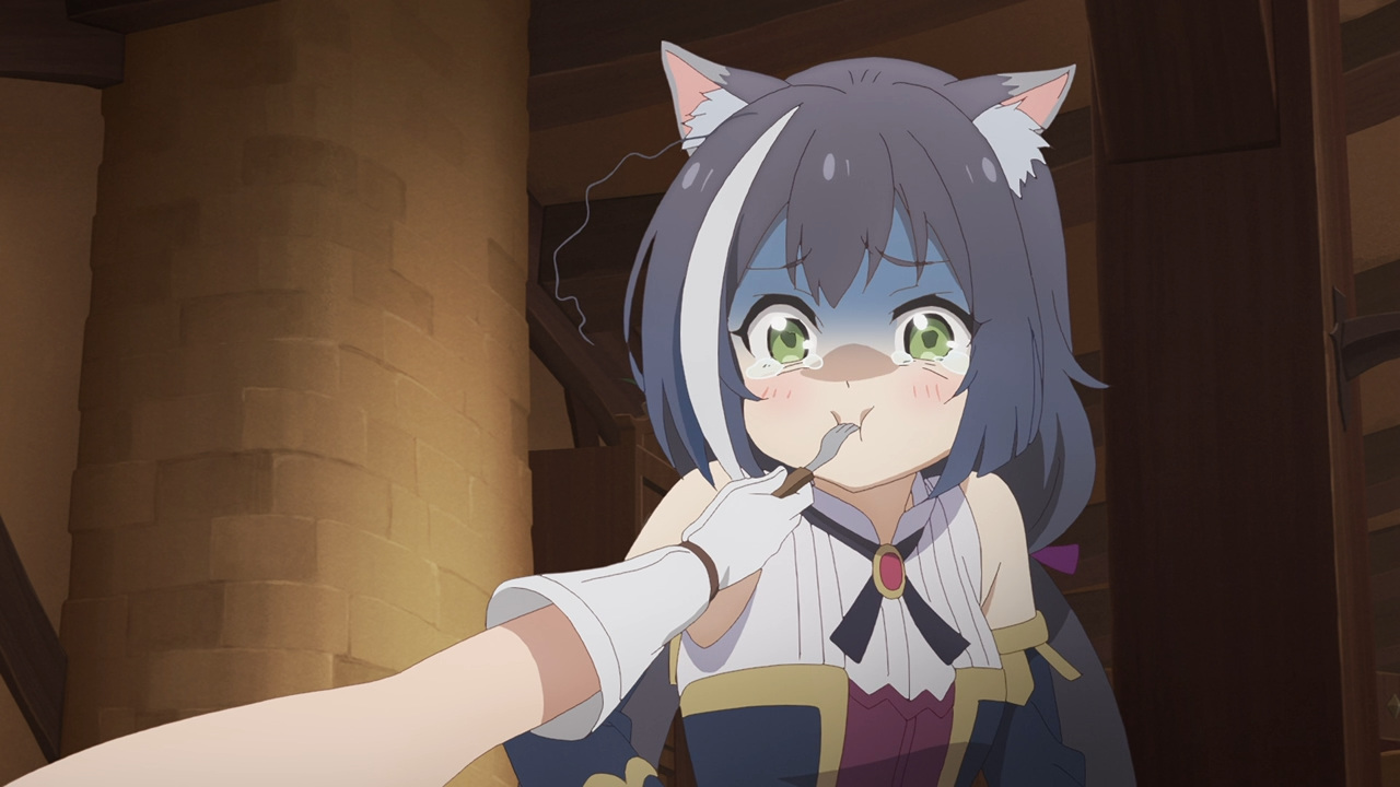 Personagem de anime, uma mulher de cabelos azuis, olhos verdes, orelhas de fato e expressão de nojo após uma outra pessoa enfiar um garfo com uma comida em sua boca.