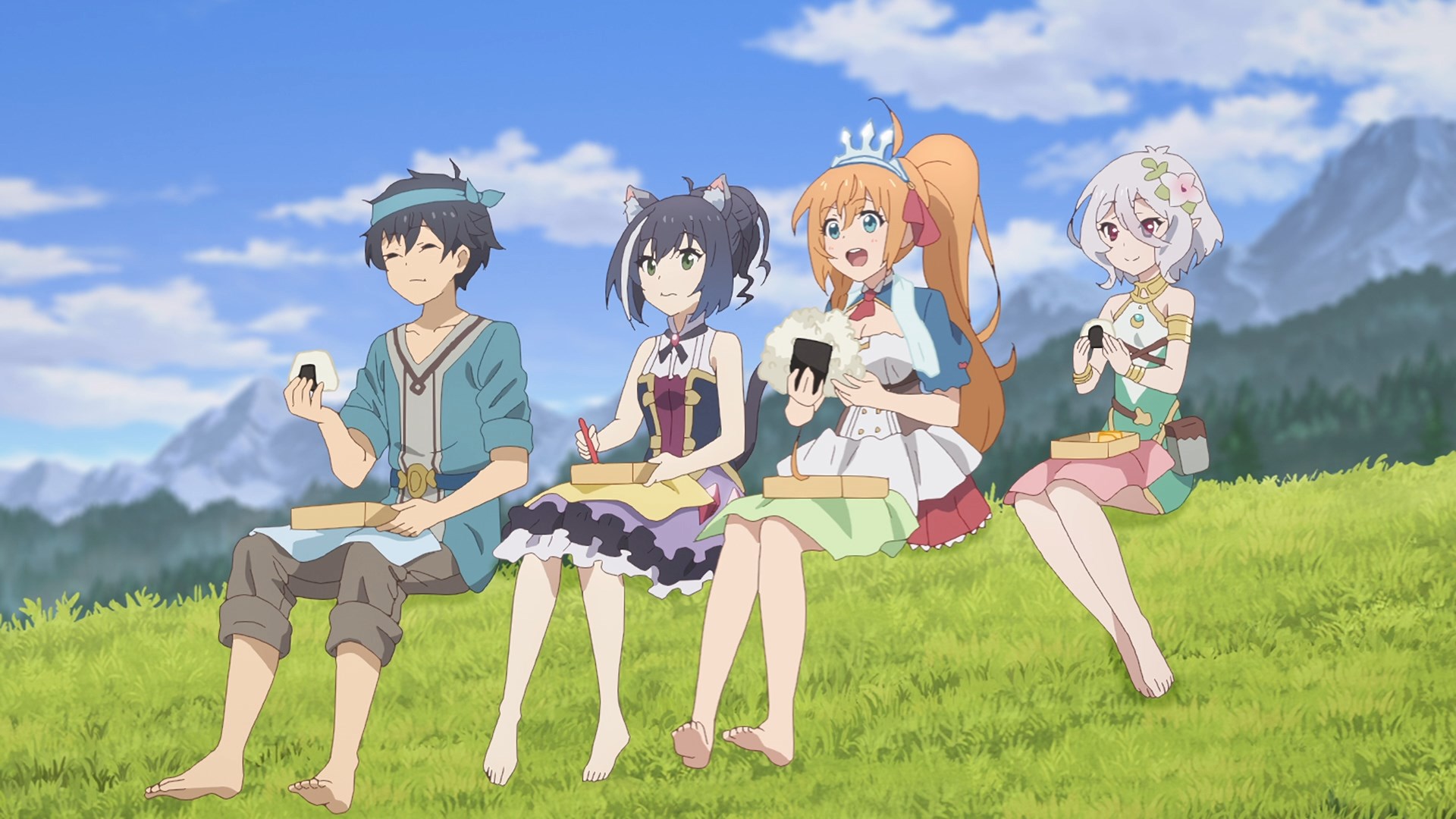 Quatro personagens de anime comendo bolinhos de arroz. Da esquerda para direita: um homem de cabelo preto curto e olhos fechados, uma mulher de cabelo longo azul, olhos verdes e orelhas de gato, uma mulher de cabelo castanho longo e olhos azuis e uma mulher de cabelo curto branco e olhos vermelhos.