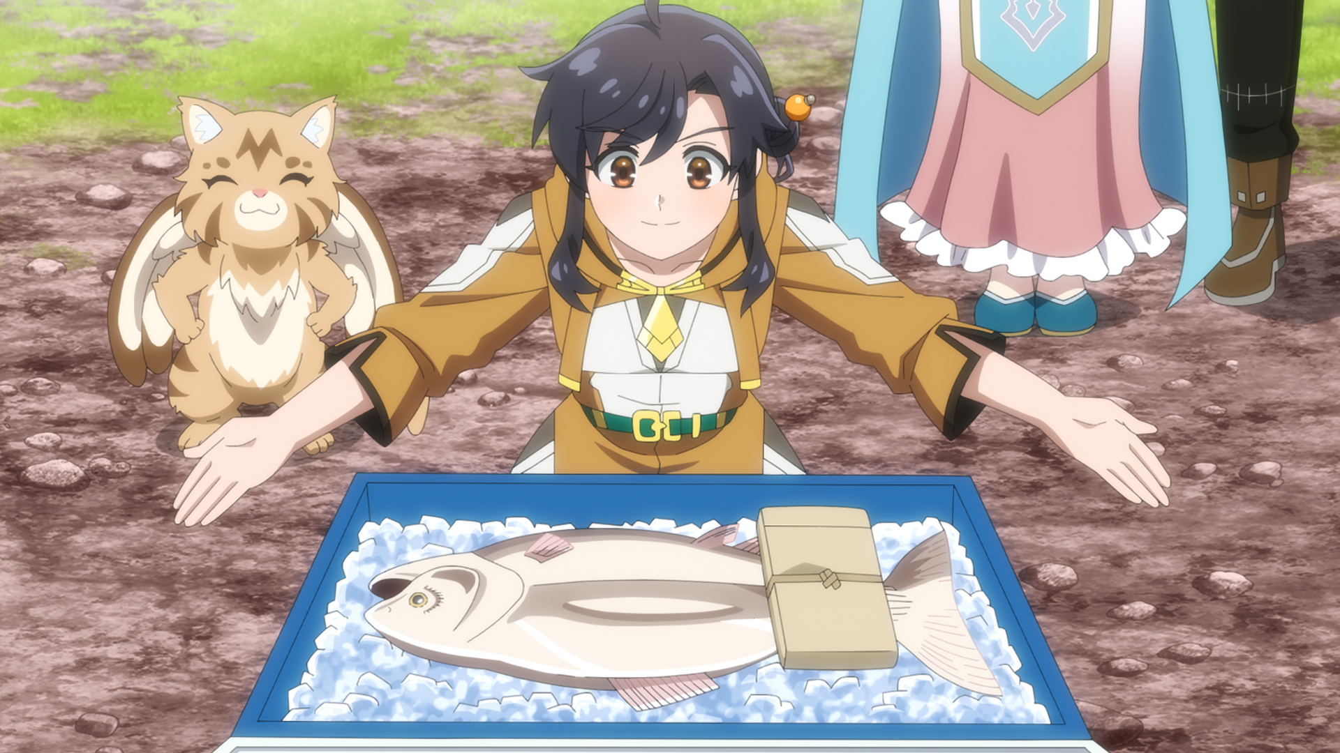 Personagem de anime, uma mulher de cabelo preto em coque, olhos castanhos e expressão neutra com os braços abertos ao redor de um peixe para ser preparado.