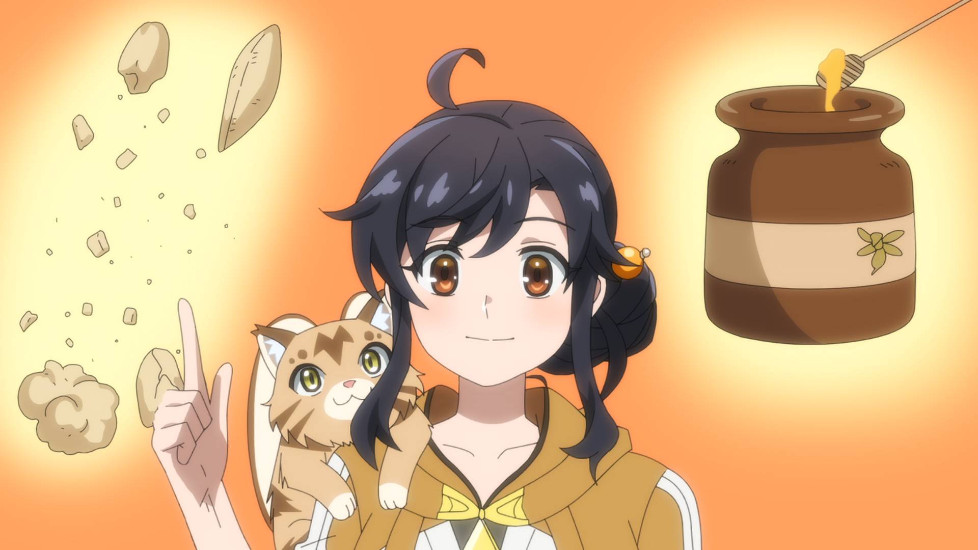 Personagem de anime, mulher de cabelos pretos, olhos castanhos e expressão neutra com um gato no ombro.